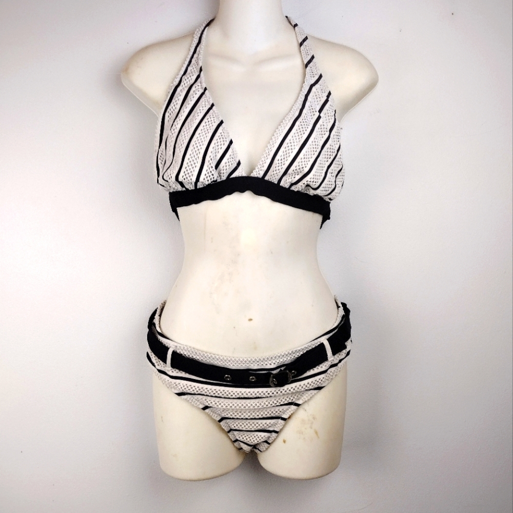 Striped Black and White Halter Bikini